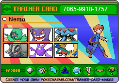 a pokemon trainer card for a trainer naimed Nemo with Decidueye, Gastly, Tentacruel, Alolan Form Golem, Crobat, and Archaeops